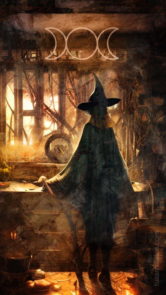 Imagen de una Bruja invocando a triple diosa lunar
