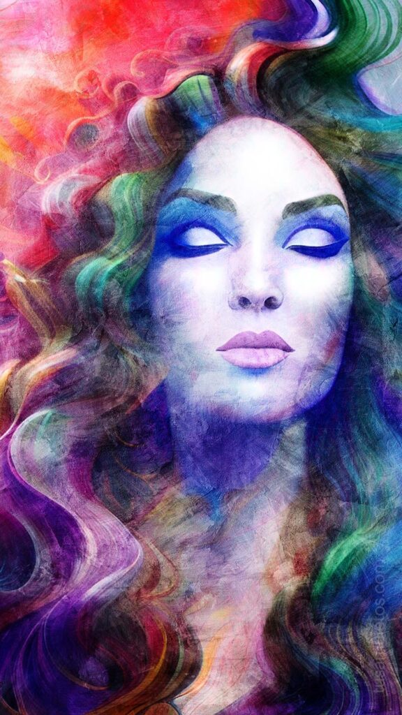 Imagen de bruja meditando con las distintas ondas de colores